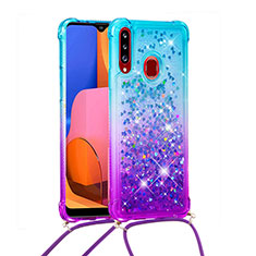 Custodia Silicone Cover Morbida Bling-Bling con Cinghia Cordino Mano S01 per Samsung Galaxy A20s Cielo Blu