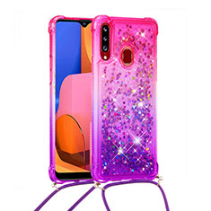 Custodia Silicone Cover Morbida Bling-Bling con Cinghia Cordino Mano S01 per Samsung Galaxy A20s Rosa Caldo