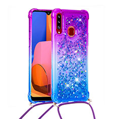 Custodia Silicone Cover Morbida Bling-Bling con Cinghia Cordino Mano S01 per Samsung Galaxy A20s Viola