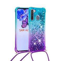 Custodia Silicone Cover Morbida Bling-Bling con Cinghia Cordino Mano S01 per Samsung Galaxy A21 European Cielo Blu