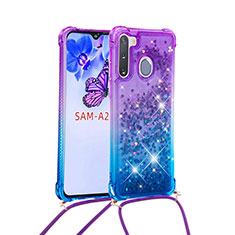 Custodia Silicone Cover Morbida Bling-Bling con Cinghia Cordino Mano S01 per Samsung Galaxy A21 European Viola