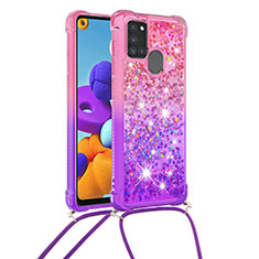Custodia Silicone Cover Morbida Bling-Bling con Cinghia Cordino Mano S01 per Samsung Galaxy A21s Rosa Caldo