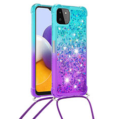 Custodia Silicone Cover Morbida Bling-Bling con Cinghia Cordino Mano S01 per Samsung Galaxy A22s 5G Cielo Blu