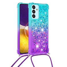 Custodia Silicone Cover Morbida Bling-Bling con Cinghia Cordino Mano S01 per Samsung Galaxy A24 4G Cielo Blu