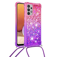 Custodia Silicone Cover Morbida Bling-Bling con Cinghia Cordino Mano S01 per Samsung Galaxy A32 4G Rosa Caldo