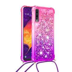 Custodia Silicone Cover Morbida Bling-Bling con Cinghia Cordino Mano S01 per Samsung Galaxy A50 Rosa Caldo