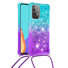 Custodia Silicone Cover Morbida Bling-Bling con Cinghia Cordino Mano S01 per Samsung Galaxy A52 4G Cielo Blu