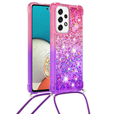 Custodia Silicone Cover Morbida Bling-Bling con Cinghia Cordino Mano S01 per Samsung Galaxy A53 5G Rosa Caldo