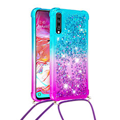 Custodia Silicone Cover Morbida Bling-Bling con Cinghia Cordino Mano S01 per Samsung Galaxy A70 Cielo Blu