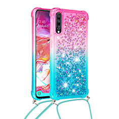 Custodia Silicone Cover Morbida Bling-Bling con Cinghia Cordino Mano S01 per Samsung Galaxy A70 Rosa