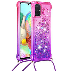 Custodia Silicone Cover Morbida Bling-Bling con Cinghia Cordino Mano S01 per Samsung Galaxy A71 5G Rosa Caldo