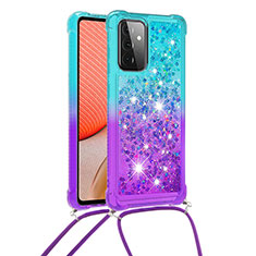 Custodia Silicone Cover Morbida Bling-Bling con Cinghia Cordino Mano S01 per Samsung Galaxy A72 4G Cielo Blu