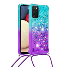 Custodia Silicone Cover Morbida Bling-Bling con Cinghia Cordino Mano S01 per Samsung Galaxy M02s Cielo Blu