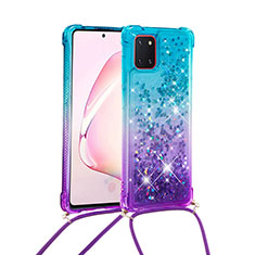 Custodia Silicone Cover Morbida Bling-Bling con Cinghia Cordino Mano S01 per Samsung Galaxy Note 10 Lite Cielo Blu