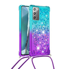 Custodia Silicone Cover Morbida Bling-Bling con Cinghia Cordino Mano S01 per Samsung Galaxy Note 20 5G Cielo Blu