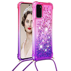 Custodia Silicone Cover Morbida Bling-Bling con Cinghia Cordino Mano S01 per Samsung Galaxy S20 5G Rosa Caldo