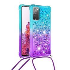 Custodia Silicone Cover Morbida Bling-Bling con Cinghia Cordino Mano S01 per Samsung Galaxy S20 FE 4G Cielo Blu