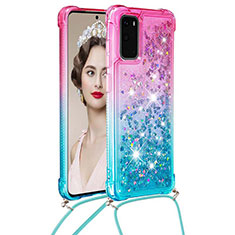 Custodia Silicone Cover Morbida Bling-Bling con Cinghia Cordino Mano S01 per Samsung Galaxy S20 Rosa