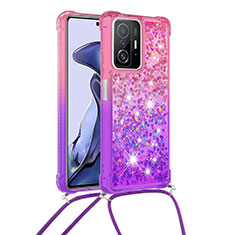 Custodia Silicone Cover Morbida Bling-Bling con Cinghia Cordino Mano S01 per Xiaomi Mi 11T 5G Rosa Caldo