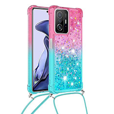 Custodia Silicone Cover Morbida Bling-Bling con Cinghia Cordino Mano S01 per Xiaomi Mi 11T Pro 5G Rosa