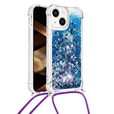 Custodia Silicone Cover Morbida Bling-Bling con Cinghia Cordino Mano S02 per Apple iPhone 14 Blu