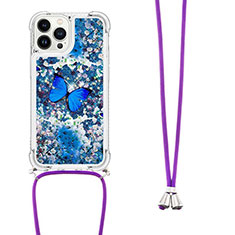 Custodia Silicone Cover Morbida Bling-Bling con Cinghia Cordino Mano S02 per Apple iPhone 14 Pro Blu