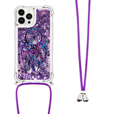 Custodia Silicone Cover Morbida Bling-Bling con Cinghia Cordino Mano S02 per Apple iPhone 14 Pro Max Viola