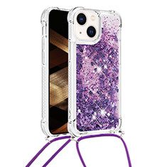 Custodia Silicone Cover Morbida Bling-Bling con Cinghia Cordino Mano S02 per Apple iPhone 15 Plus Viola