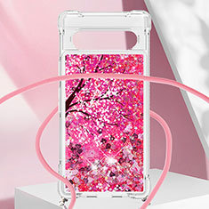 Custodia Silicone Cover Morbida Bling-Bling con Cinghia Cordino Mano S02 per Google Pixel 7a 5G Rosa Caldo