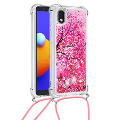 Custodia Silicone Cover Morbida Bling-Bling con Cinghia Cordino Mano S02 per Samsung Galaxy A01 Core Rosa Caldo