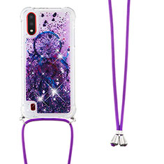 Custodia Silicone Cover Morbida Bling-Bling con Cinghia Cordino Mano S02 per Samsung Galaxy A01 SM-A015 Viola