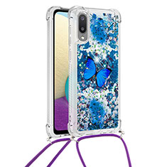 Custodia Silicone Cover Morbida Bling-Bling con Cinghia Cordino Mano S02 per Samsung Galaxy A02 Blu