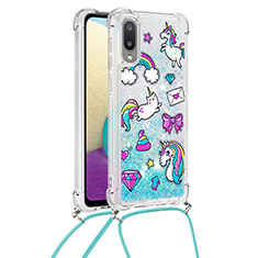 Custodia Silicone Cover Morbida Bling-Bling con Cinghia Cordino Mano S02 per Samsung Galaxy A02 Cielo Blu