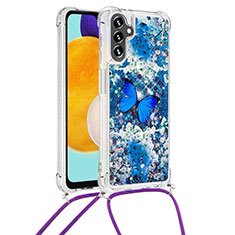 Custodia Silicone Cover Morbida Bling-Bling con Cinghia Cordino Mano S02 per Samsung Galaxy A04s Blu