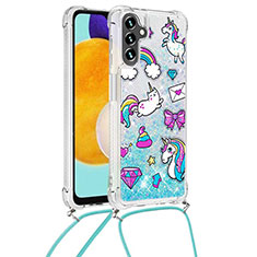 Custodia Silicone Cover Morbida Bling-Bling con Cinghia Cordino Mano S02 per Samsung Galaxy A04s Cielo Blu