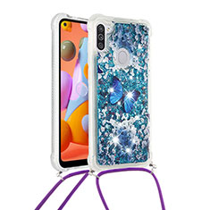 Custodia Silicone Cover Morbida Bling-Bling con Cinghia Cordino Mano S02 per Samsung Galaxy A11 Blu