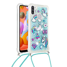 Custodia Silicone Cover Morbida Bling-Bling con Cinghia Cordino Mano S02 per Samsung Galaxy A11 Cielo Blu