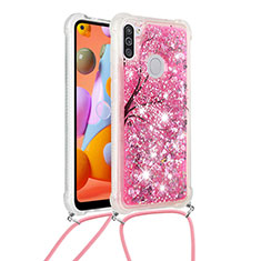 Custodia Silicone Cover Morbida Bling-Bling con Cinghia Cordino Mano S02 per Samsung Galaxy A11 Rosa Caldo