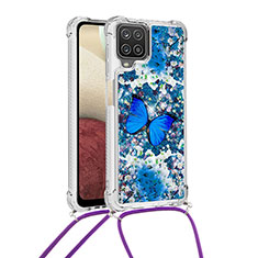 Custodia Silicone Cover Morbida Bling-Bling con Cinghia Cordino Mano S02 per Samsung Galaxy A12 5G Blu