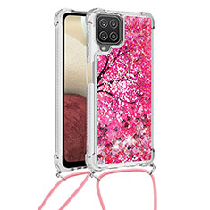 Custodia Silicone Cover Morbida Bling-Bling con Cinghia Cordino Mano S02 per Samsung Galaxy A12 5G Rosa Caldo