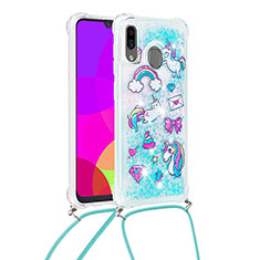 Custodia Silicone Cover Morbida Bling-Bling con Cinghia Cordino Mano S02 per Samsung Galaxy A20 Cielo Blu