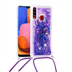 Custodia Silicone Cover Morbida Bling-Bling con Cinghia Cordino Mano S02 per Samsung Galaxy A20s Viola