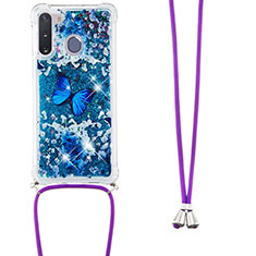 Custodia Silicone Cover Morbida Bling-Bling con Cinghia Cordino Mano S02 per Samsung Galaxy A21 European Blu