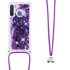 Custodia Silicone Cover Morbida Bling-Bling con Cinghia Cordino Mano S02 per Samsung Galaxy A21 European Viola