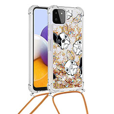 Custodia Silicone Cover Morbida Bling-Bling con Cinghia Cordino Mano S02 per Samsung Galaxy A22 5G Oro
