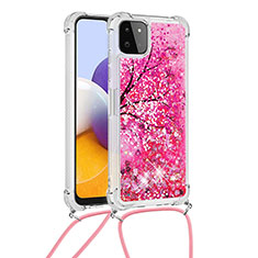 Custodia Silicone Cover Morbida Bling-Bling con Cinghia Cordino Mano S02 per Samsung Galaxy A22 5G Rosa Caldo