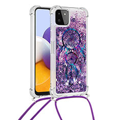 Custodia Silicone Cover Morbida Bling-Bling con Cinghia Cordino Mano S02 per Samsung Galaxy A22 5G Viola