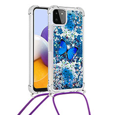 Custodia Silicone Cover Morbida Bling-Bling con Cinghia Cordino Mano S02 per Samsung Galaxy A22s 5G Blu