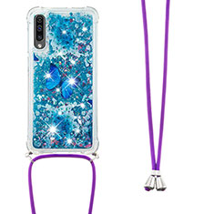 Custodia Silicone Cover Morbida Bling-Bling con Cinghia Cordino Mano S02 per Samsung Galaxy A30S Blu