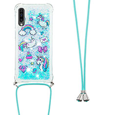 Custodia Silicone Cover Morbida Bling-Bling con Cinghia Cordino Mano S02 per Samsung Galaxy A30S Cielo Blu